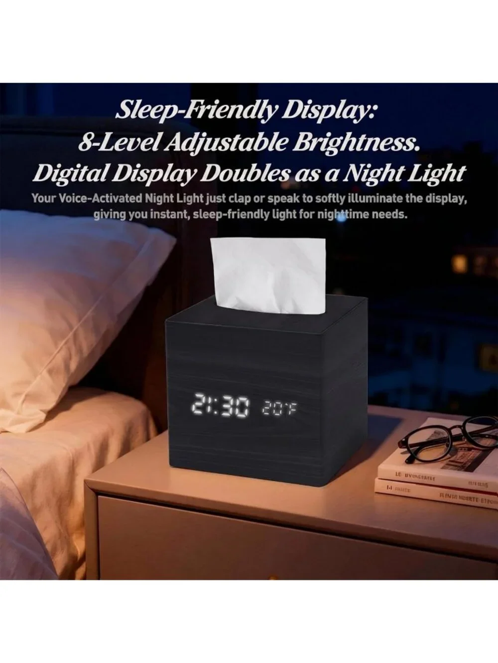 Home Black Digital Cordless Alarm Temperature Display Wooden Tissue Box Clock